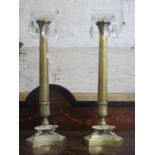 PAIR OF VINTAGE BRASS COLUMN FORM CANDLESTICKS WITH GLASS DROPLETS,