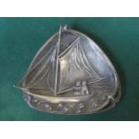 ANTIQUE WMF TRAY, REPOUSSE DECORATED OF A SAILING BOAT AT SEA,