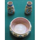 CLEWS & CO CHAMELEON WARE GLAZED CERAMIC BOWL AND TWO SIMILAR VASES