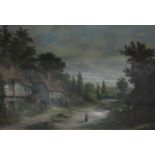 VICTORIAN OIL ON CANVAS, SINGED (INDISTINCT)- FIGURE ON THE VILLAGE ROAD,