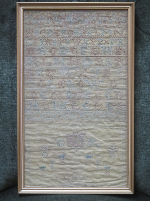 18th CENTURY FRAMED SAMPLER DATED 1732, APPROXIMATELY 36.