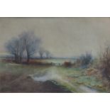 V BOOTH, FRAMED AND GLAZED WATERCOLOUR OF LANDSCAPE WITH SHEEP ON A WINTER MORNING,