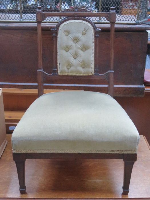 LOW SEATED MAHOGANY UPHOLSTERED BEDROOM CHAIR