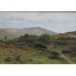 J MEAKIN, GILT FRAMED OIL ON BOARD, UNGLAZED, OF SHEPHERD WITH FLOCK ON MOUNTAINSIDE,