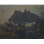 H HOLMES, PAIR OF FRAMED OIL ON CANVASES- DONKEY'S STABLE AND CATTLE IN FARMYARD,