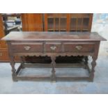 18th CENTURY THREE DRAWER OAK KITCHEN DRESSER BASE WITH STRETCHERED SUPPORTS