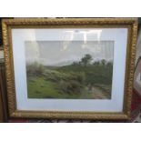 J KNIGHT, SIGNED WATERCOLOUR- THE LONG JOURNEY HOME WITH SHEEP ON HILLSIDES, APPROXIMATELY 33.