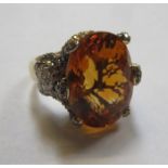 FANCY 14ct GOLD RING SET WITH CITRINE COLOURED FACET CUT STONE AND WHITE STONES