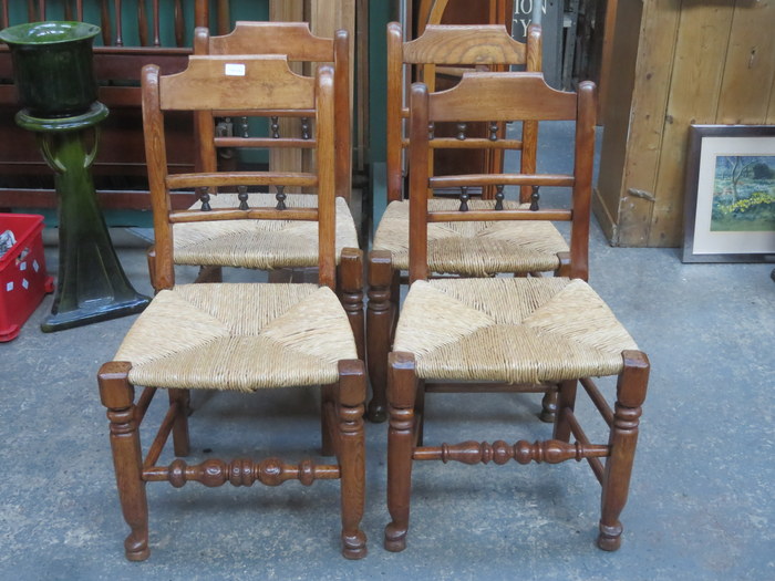 SET OF FOUR RUSH SEATED COUNTRY STYLE DINING CHAIRS