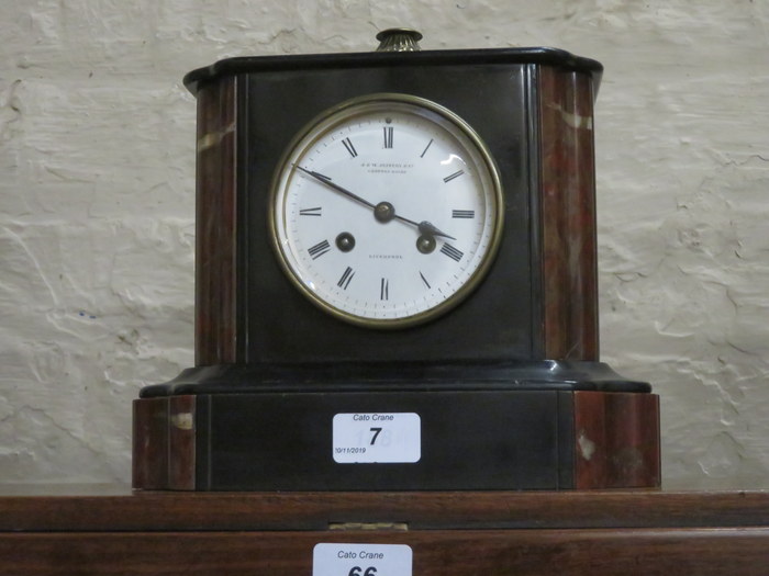 DECORATIVE BLACK SLATE AND MARBLED MANTLE CLOCK WITH CIRCULAR ENAMELLED DIAL, J&W JEFFREY & CO,