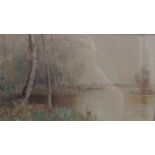 ALBERT PROCTOR, FRAMED AND GLAZED WATERCOLOUR- BIRCHES BESIDE THE LAKE, APPROXIMATELY 14.