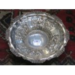 GOOD QUALITY SILVER PLATED SHALLOW FRUIT BOWL WITH REPOUSSE DECORATED FRUIT AND FOLIAGE,