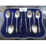 CASED SET OF SIX APOSTLE SPOONS AND COFFEE SPOONS PLUS TONGS