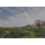 A HENRY, FRAMED, GLAZED AND SIGNED WATERCOLOUR- AUTUMN FIELDS AND FARMHOUSE,