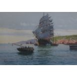 A D BELL, FRAMED AND GLAZED WATERCOLOUR, SIGNED 1946- SCHOONER IN FULL SAIL LEAVING HARBOUR,