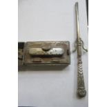 SILVER CASED SPIRIT BURNER AND PAIR OF SILVER HANDLED CURLING TONGS