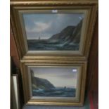 A MARTIN, PAIR OF GILT FRAMED AND GLAZED SEASCAPES- SAILING AROUND THE ROCKY COASTS,