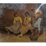 E DE BLAAS, REVERSE PICTURE UNDER GLASS- THE APPLE HARVEST, DATED 1904, APPROXIMATELY 20cm x 23.