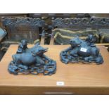 PAIR OF ORIENTAL CARVED HARDWOOD WATER BUFFALO FIGURES,