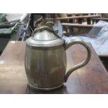 EARLY SILVER PLATED LARGE LIDDED TANKARD WITH MYTHICAL CREATURE TO LID (AT FAULT),