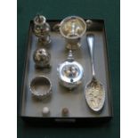 MIXED LOT OF SILVER INCLUDING CRUET ITEMS, NAPKIN RING,