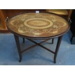 HIGHLY DECORATIVE INLAID OVAL TWO HANDLED SERVING TRAY WITH STAND