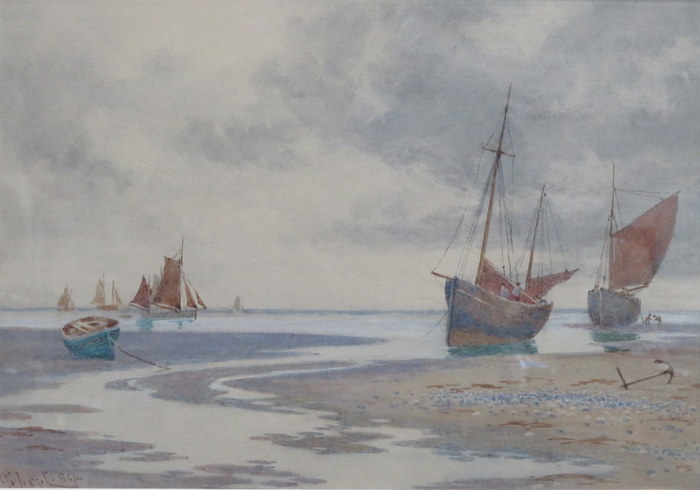 C PELICOT(?) RCA, WATERCOLOUR, SIGNED BOTTOM LEFT- FISHING BOATS RESTING A T LOW TIDE,