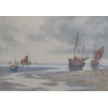 C PELICOT(?) RCA, WATERCOLOUR, SIGNED BOTTOM LEFT- FISHING BOATS RESTING A T LOW TIDE,