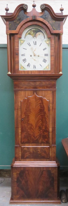 19th CENTURY MAHOGANY LONGCASE CLOCK WITH HANDPAINTED AND ROLLING MOON DIAL,