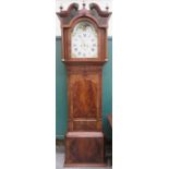 19th CENTURY MAHOGANY LONGCASE CLOCK WITH HANDPAINTED AND ROLLING MOON DIAL,