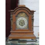 GOOD QUALITY OAK AND MAHOGANY CASED BRACKET CLOCK WITH ORMOLU MOUNTED DIAL,