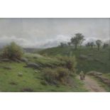 J KNIGHT, SIGNED WATERCOLOUR- THE LONG JOURNEY HOME WITH SHEEP ON HILLSIDES, APPROXIMATELY 33.
