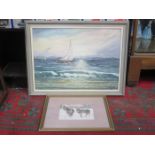 R WEBSTER, SIGNED AND DATED OIL ON BOARD- SAILING BOAT AND COAST, PLUS PRINT OF , APPROXIMATELY 39.