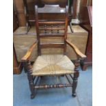 NINETEENTH CENTURY OAK RUSH SEATED COUNTRY STYLE ARMCHAIR