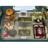 MIXED LOT OF SUNDRIES INCLUDING MANTLE CLOCK, CANDLESTICKS, INKWELL, SILHOUETTE,