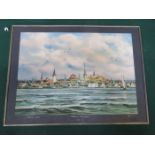 MODERN FRAMED WATERCOLOUR DEPICTING - TALLINN WATERFRONT SCENE,