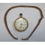 GOLD PLATED POCKET WATCH WITH 9ct GOLD ALBERT CHAIN (AT FAULT)