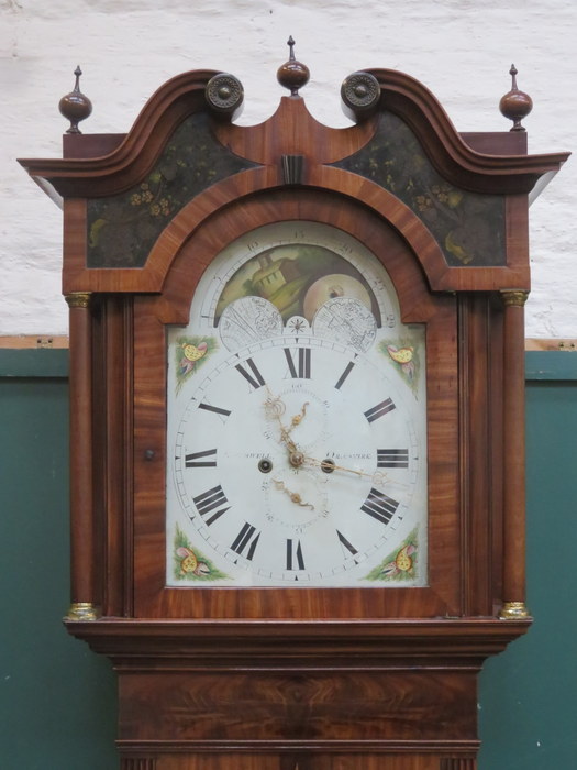 19th CENTURY MAHOGANY LONGCASE CLOCK WITH HANDPAINTED AND ROLLING MOON DIAL, - Image 2 of 6