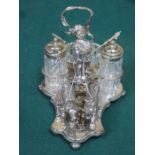 PRETTY SILVER PLATED AND GLASS CRUET SET DEPICTING A YOUNG GENT AND HIS DOGS