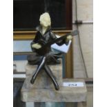 PRETTY ART DECO BRONZE FIGURE OF SEATED MUSICIAN WITH POSSIBLY IVORY HEAD AND HANDS,