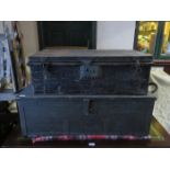 VINTAGE WOODEN TOOL CHEST CONTAINING TOOLS AND METAL CHEST CONTAINING TOOLS