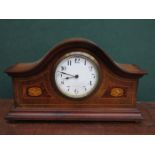 MAHOGANY INLAID WELLINGTON STYLE MANTEL CLOCK WITH CIRCULAR ENAMELLED DIAL AND BUREN SWISS MOVEMENT
