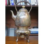 ANTIQUE SILVER PLATED SPIRIT KETTLE ON STAND, DECORATED WITH ORIENTAL VILLAGE SCENE,