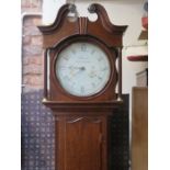 OAK CASED LONGCASE CLOCK WITH HANDPAINTED CIRCULAR ENAMELLED DIAL BY JAMES FLETCHER,