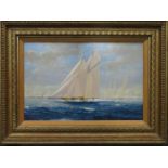 ROBERT MOORE, FRAMED OIL ON BOARD, SIGNED AND DATED 1968- 'J' CLASS YACHTS OFF,