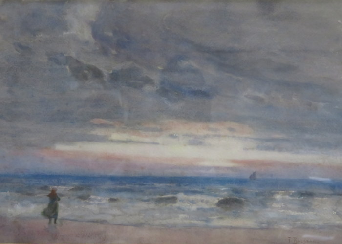 F BALSHAW, SIGNED WATERCOLOUR- FIGURE ON THE BEACH,