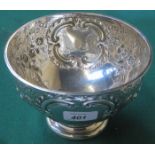 HALLMARKED SILVER REPOUSSE DECORATED ROSE BOWL ON STEMMED SUPPORTS BY WALKER & HALL,