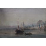 WILLIAM GAVIN HERDMAN, FRAMED WATERCOLOUR DEPICTING A HARBOUR SCENE, INITIALLED WH TO BOTTOM LEFT,