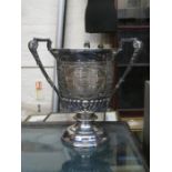 GOOD QUALITY HALLMARKED SILVER THREE HANDLED TROPHY, PRESENTED TO PHILIP WILLIAM BRYCE LEVER,