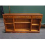 REPRODUCTION YEW WOOD OPEN BOOK CASE WITH THREE DRAWERS BELOW